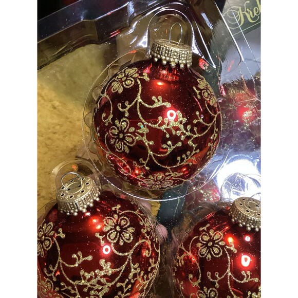 Krebs Glass Christmas Ornaments Red /Velvet Balls With Floral Glitterlace 8 - Picture 3 of 9